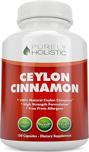 Purely Holistic - Cápsulas de Canela Ceylon Pura Holística 1500mg, 150 Cápsulas Veganas de Canela, Suprimento de 75 Dias (25%% Mais Porções), Suplemento de Canela Ceylon Verdadeira do Sri Lanka