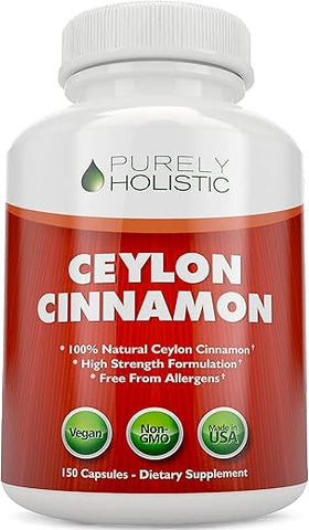 Purely Holistic - Cápsulas de Canela Ceylon Pura Holística 1500mg, 150 Cápsulas Veganas de Canela, Suprimento de 75 Dias (25%% Mais Porções), Suplemento de Canela Ceylon Verdadeira do Sri Lanka