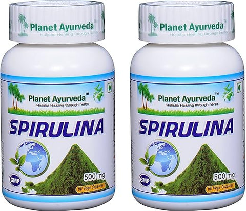 Spirulina Planet Ayurveda – 2 Frascos (Cada 60 Cápsulas, 500mg) – Alga 100% Natural nos EUA