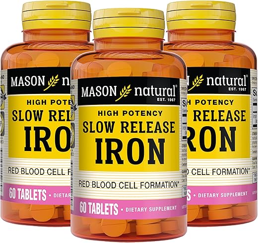 Ferro de Liberação Lenta, Sem Sabor, 60 Comprimidos, Pacote com 3 – Marca MASON NATURAL - MASON NATURAL