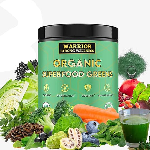 Warrior Strong Wellness - Pó de Verdes Orgânicos Certificados – 30 Porções – Superfood em Pó Verde, Bebida Detox Energizante, Pó de Frutas e Vegetais, Vinagre de Maçã, Extrato de Chá Verde