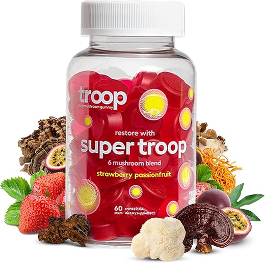 Daily Super 6 Mushroom Blend – Imunidade, Vitalidade, Humor, Equilíbrio, Saúde Intestinal, Energia – Suplemento Restaurador com Blend de Frutas Triplamente Extraídas – Vegano, Delicioso – 100g - Troop