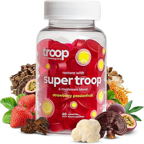 Daily Super 6 Mushroom Blend – Imunidade, Vitalidade, Humor, Equilíbrio, Saúde Intestinal, Energia – Suplemento Restaurador com Blend de Frutas Triplamente Extraídas – Vegano, Delicioso – 100g - Troop