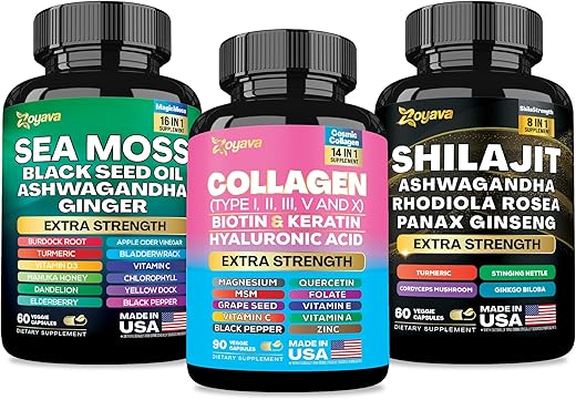 Trio Supremo de Bem-Estar – Musgo do Mar, Óleo de Semente Negra, Ashwagandha, Gengibre, Raiz de Bardana | 100% Natural e Potente - Zoyava