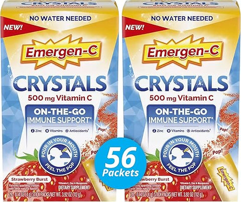 Crystals: Suplemento de Suporte Imunológico On-The-Go com 500 mg de Vitamina C, Vitaminas B, Zinco e Manganês, Sabor Morango, 28 Stickpacks Pacote de 2 - Emergen-C