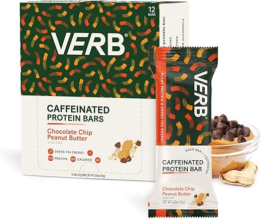 Verb Caffeinated Energy Bar - Verb Energy – Barra de Proteína Energética com Cafeína de Manteiga de Amendoim e Chocolate Chip – 10g de Proteína, 6g de Açúcar, 190 Calorias – Snacks Veganos – Barras de Café da Manhã sem Glúten com Chá Verde Orgânico