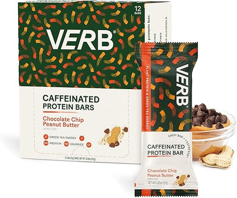 Verb Caffeinated Energy Bar - Verb Energy – Barra de Proteína Energética com Cafeína de Manteiga de Amendoim e Chocolate Chip – 10g de Proteína, 6g de Açúcar, 190 Calorias – Snacks Veganos – Barras de Café da Manhã sem Glúten com Chá Verde Orgânico