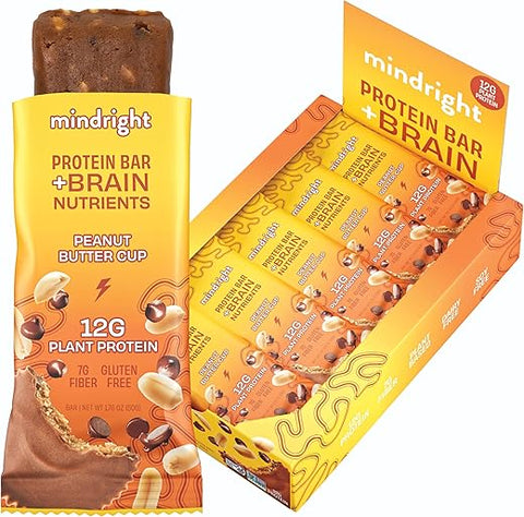 mindright - Mindright Superfood Barra de Proteína Vegana | Sem Glúten, Não-Transgênica, Baixo Teor de Açúcar | Snack Cerebral para Melhorar o Humor, Energia e Foco | Pacote com 12 (Peanut Butter Cup)