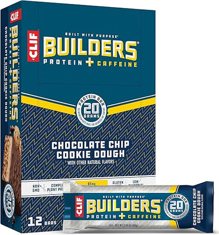 CLIF BUILDER'S - CLIF Builders Caffeine – Barra de Proteína à Base de Plantas – Sabor Cookie Dough com Gotas de Chocolate – Sem Glúten – Não-OGM – Baixo Índice Glicêmico – 20g de Proteína – 68g (12 Unidades)