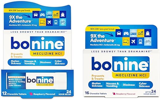 Alívio de Enjoo sem Sonolência – Comprimidos Mastigáveis com Meclizina HCL 25mg – Medicamento sem Sonolência para Náuseas ou Enjoo de Movimento – Essenciais para Cruzeiros – Sabor Framboesa - Bonine