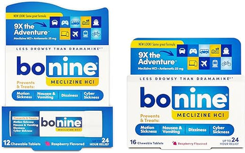 Alívio de Enjoo sem Sonolência – Comprimidos Mastigáveis com Meclizina HCL 25mg – Medicamento sem Sonolência para Náuseas ou Enjoo de Movimento – Essenciais para Cruzeiros – Sabor Framboesa - Bonine