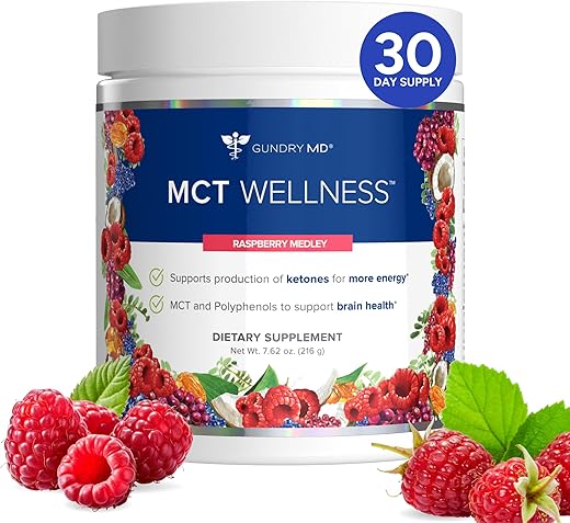 MCT Wellness Powder – Energia, Produção de Cetonas e Saúde Cerebral – Keto Friendly, Sem Açúcar (30 Porções) (Raspberry Medley) - Gundry MD