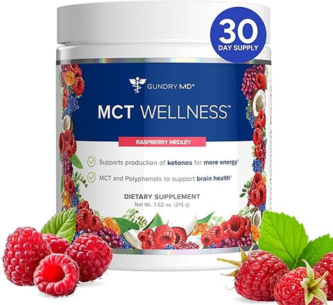 MCT Wellness Powder – Energia, Produção de Cetonas e Saúde Cerebral – Keto Friendly, Sem Açúcar (30 Porções) (Raspberry Medley) - Gundry MD