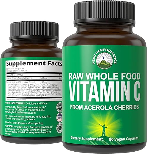 Cápsulas de Vitamina C Natural de Acerola para Máxima Absorção. Suplemento Vegano de Vitamina C dos EUA. 90 Comprimidos. 500 mg por Porção ou 2 Porções - Peak Performance