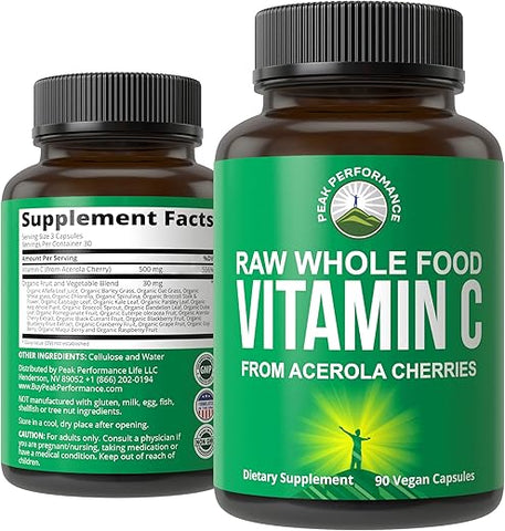Cápsulas de Vitamina C Natural de Acerola para Máxima Absorção. Suplemento Vegano de Vitamina C dos EUA. 90 Comprimidos. 500 mg por Porção ou 2 Porções - Peak Performance