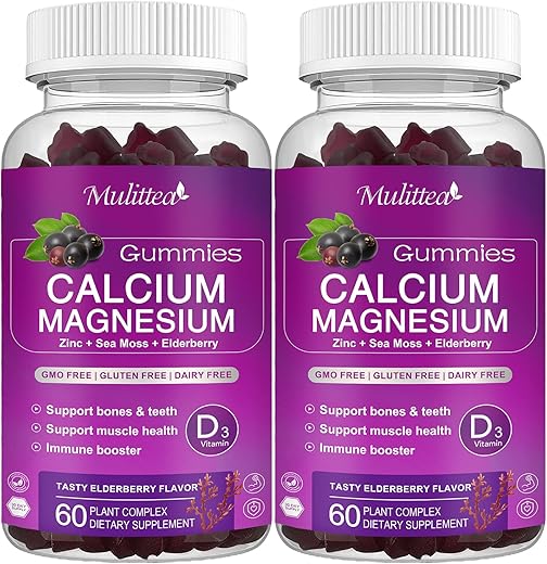 Mulittea - Gomas de Cálcio Magnésio Zinco com Alta Absorção de Magnésio Glicinato 200mg, Potássio – Suplemento de Cálcio Vegetal c/ D3