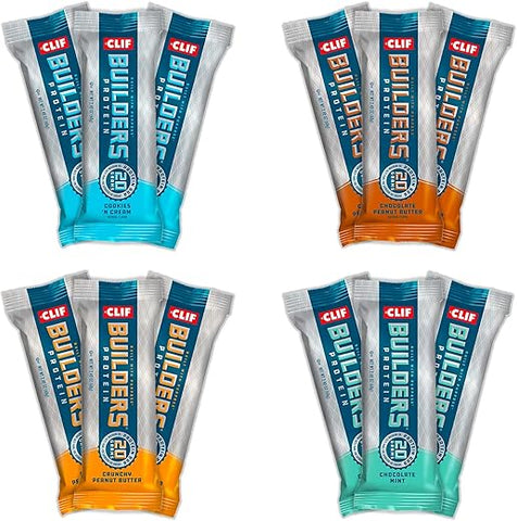 CLIF BUILDER'S - CLIF BUILDER’S Barra de Proteína – Amendoim Crocante, Manteiga de Amendoim com Chocolate, Hortelã com Chocolate, Cookies e Creme (Pacote com Variedade, 12 Unidades)