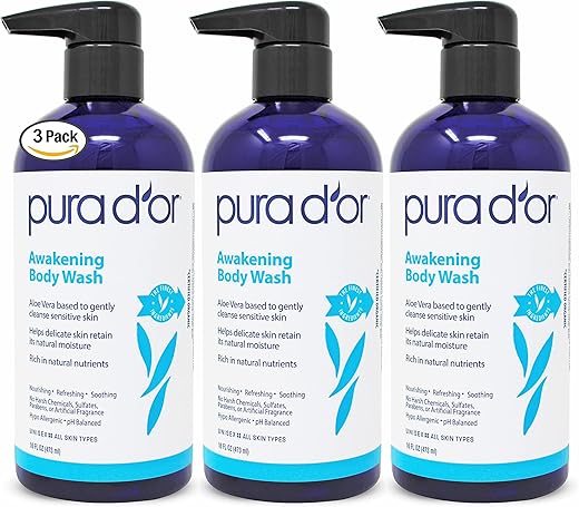 PURA D'OR - PURA D’OR Body Wash Despertar (480ml x3 = 1440ml) Aloe Vera, Camomila, Lavanda, Tea Tree para Fragrância Terrosa Revigorante, pH Balanceado para Pele Hidratada e Macia, Sensação de Frescor, Tudo