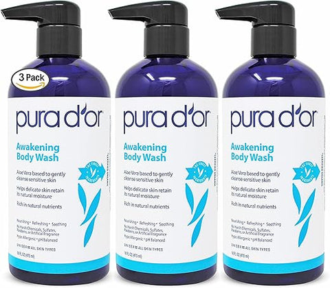 PURA D'OR - PURA D’OR Body Wash Despertar (480ml x3 = 1440ml) Aloe Vera, Camomila, Lavanda, Tea Tree para Fragrância Terrosa Revigorante, pH Balanceado para Pele Hidratada e Macia, Sensação de Frescor, Tudo