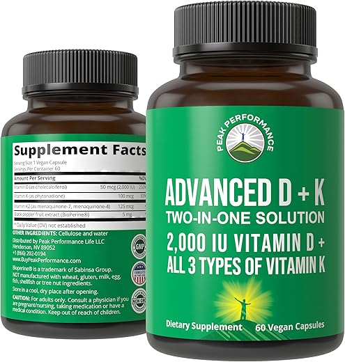 Advanced Vitamin D 2000 IU com Todos os 3 Tipos de Vitamina K – D3 e K2, K1, MK-7 (MK7), MK4. 60 Cápsulas Vegetais Pequenas e Fáceis de Engolir - Peak Performance