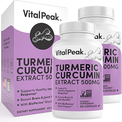 Vital Peak - Curcuma com Pimenta Preta – 500 mg Extrato de Curcuma com 95% Curcuminoides para Articulações, Fígado, Cérebro | Marca: Turmeric Extract