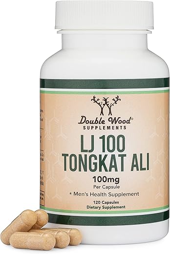 Double Wood Supplements - LJ100 Tongkat Ali para Homens (120 Cápsulas) – Fórmula Patenteada e Comprovada Clinicamente para a Saúde Masculina (LJ100 Std a 40% de Glicosaponinas, 22% de Euripeptídeos) por