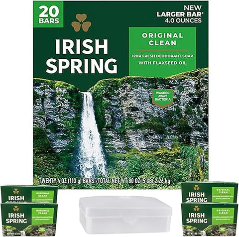 Generic - Irish Spring Sabonete em Barra, 20 Unidades Grandes de 113 g, Com Suporte para Sabonete Irish Spring, Limpeza Original, Fragrância Fresca e Limpa por 12 Horas
