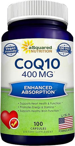 CoQ10 400mg – 100 Cápsulas Vegetais – Alta Absorção – Pó de Coenzima Q10 – Suplemento Ubiquinona – Extra Antioxidante CO Q-10 – Vitamina Enzima – Marca aSquared Nutrition - aSquared Nutrition