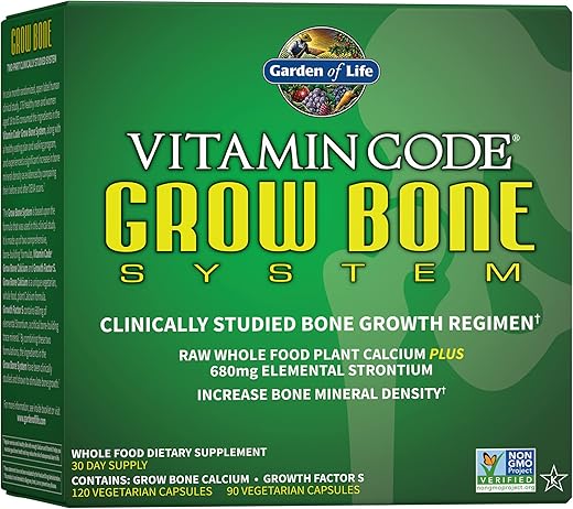 Suplemento de Cálcio Vitamin Code Grow Bone com Alimentos Integrais, Estrôncio, Magnésio, K2 MK7, Vitamina D3 | 100% Natural e Potente - Garden of Life