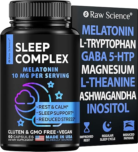 S RAW SCIENCE - Melatonina 10mg – Suplemento para Dormir com L-Teanina, GABA Calm, L-Triptofano – Suplementos para um Sono Profundo com Ashwagandha, Flor de Maracujá, Melissa, Camomila, Magnésio