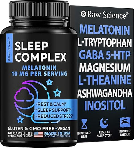 S RAW SCIENCE - Melatonina 10mg – Suplemento para Dormir com L-Teanina, GABA Calm, L-Triptofano – Suplementos para um Sono Profundo com Ashwagandha, Flor de Maracujá, Melissa, Camomila, Magnésio