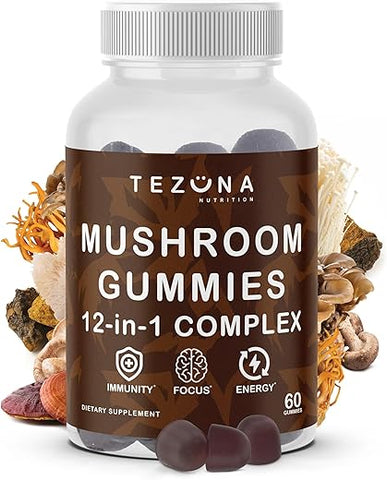 Tezuna Nutrition - Mushroom Gummies 2 Pack – Complexo de 12 em 1, 3000mg – Cogumelo do Leão, Cogumelo do Peru, Reishi, Cordyceps, Extrato de Cogumelos – Suplemento Nootrópico para Memória e Foco