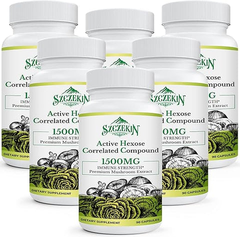 SZCZEKIN - Active Hexose Correlated Compound 1500 mg – Extrato Natural de 8 Cogumelos, Sistema Imunológico, Função Hepática, Atividade de Células Natural Killer e T, 540 Cápsulas Vegetais