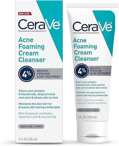 Creme Espumante de Limpeza para Acne | Tratamento para Rosto com 4% de Peróxido de Benzoíla, Ácido Hialurônico e Niacinamida | Fórmula Creme para Espuma | Sem Fragrância - CeraVe