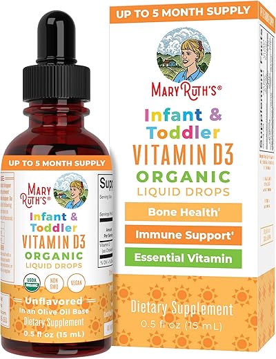 MaryRuth Organics - Vitamina D Orgânica USDA | Até 4 Meses de Suprimento | Vitamina D3 Líquida | Sem Açúcar | Gotas de Vitamina D Líquida Suporte Imunológico para Bebês