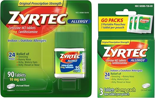 24 Horas Alívio de Alergia Comprimidos, Medicamento para Alergia Interna e Externa com 10 mg de Cetirizina HCl por Comprimido Antialérgico, Pacote Econômico, 90 comprimidos 3 pacotes de viagem - Zyrtec