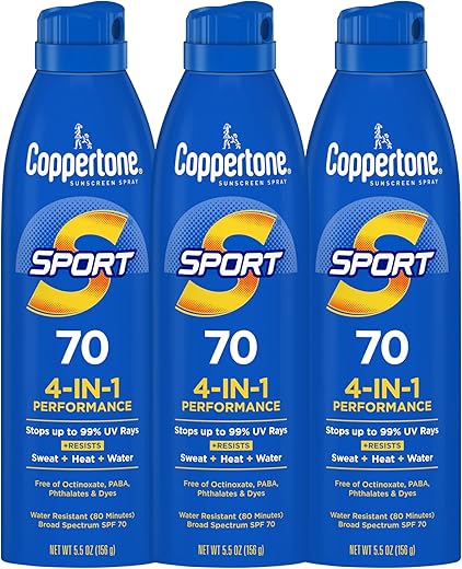SPORT Protetor Solar Spray FPS 70, Resistente à Água, Amplo Espectro FPS 70, Pacote de Protetor Solar em Spray de 5,5 Oz, Pack com 3 Unidades - Coppertone