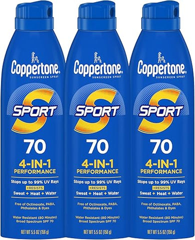 SPORT Protetor Solar Spray FPS 70, Resistente à Água, Amplo Espectro FPS 70, Pacote de Protetor Solar em Spray de 5,5 Oz, Pack com 3 Unidades - Coppertone