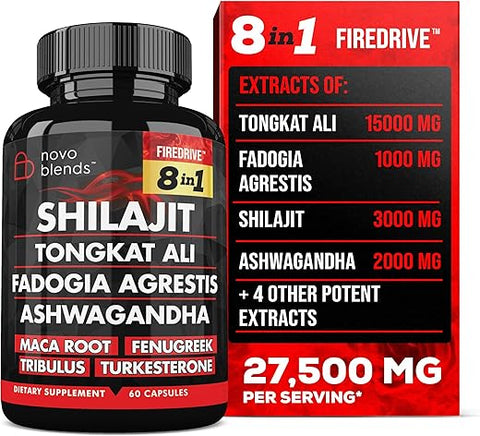 Novo Blends - Shilajit 3000mg Tongkat Ali 15,000mg Fadogia Agrestis 1000mg Maca Root 2000mg Ashwagandha 4000mg Fenugreek 1500mg Tribulus Terrestris 500mg Turkesterone 500mg – Potente Suplemento 8-em-1 para Energia e Vitalidade