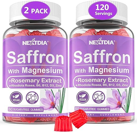 Nextdia - Gomas de Açafrão – 4 Meses de Fornecimento – Extrato de Açafrão 177mg 88.5mg, com Magnésio Glicinato 400mg 200mg, Rhodiola Rosea, Alecrim, B6 B12 D3 para Calma, Nervos, Descanso