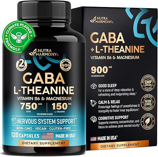 NUTRAHARMONY - GABA L-Theanine 900 mg – Made in USA – Magnésio | Vitamina B6 – Calma, Sono, Relaxamento