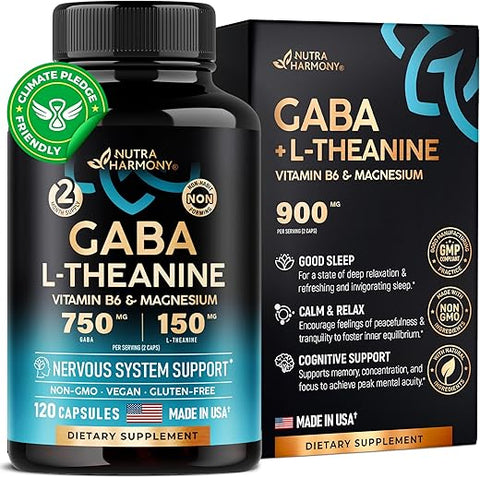NUTRAHARMONY - GABA L-Theanine 900 mg – Made in USA – Magnésio | Vitamina B6 – Calma, Sono, Relaxamento