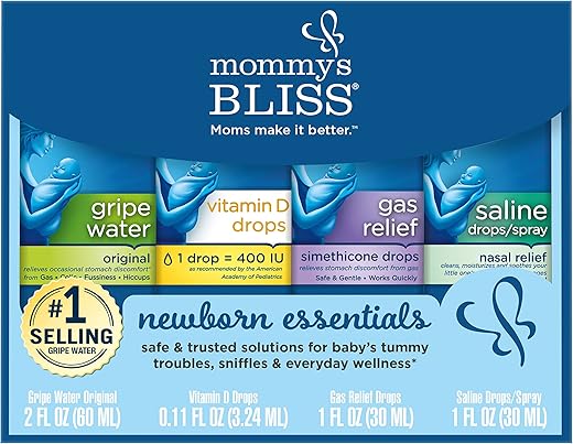 Conjunto Presente Essenciais para Recém-Nascidos Mommy’s Bliss: Água para Cólicas, Vitamina D para Bebês/Gotas para Gases e Soro Fisiológico Suave em Gotas/Spray