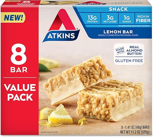 Barra de Snack de Limão Atkins, com Manteiga de Amêndoa Real, 1g de Açúcar, Sem Glúten, Rica em Fibras, Amigável para a Dieta Keto, 8 Unidades