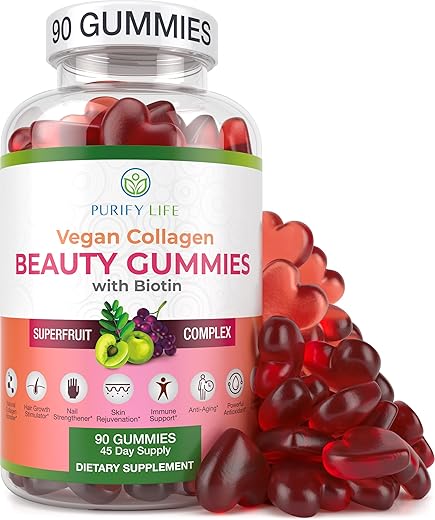 Gomas Veganas de Colágeno com Biotina para Saúde de Cabelos, Pele e Unhas (90 Unidades) Complexo Superfrutas de Suporte ao Colágeno com Resveratrol, Vitaminas A, E, C - Purify Life