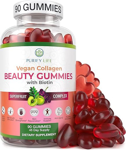 Gomas Veganas de Colágeno com Biotina para Saúde de Cabelos, Pele e Unhas (90 Unidades) Complexo Superfrutas de Suporte ao Colágeno com Resveratrol, Vitaminas A, E, C - Purify Life
