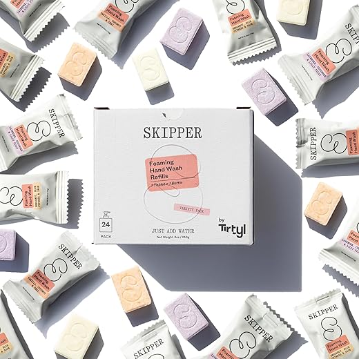 Recargas de Tabletes de Sabonete Líquido Espumante Tirtyl Skipper – Embalagem Compostável – Pack com 24 – 192 ml total (24x 8 ml) – Fragrâncias Variadas – Rebranding