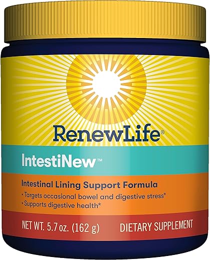 IntestiNew – Fórmula de Suporte para o Revestimento Intestinal, Suplemento em Pó para Saúde Digestiva, L-Glutamina, Livre de Laticínios, Soja e Glúten, 160g - Renew Life