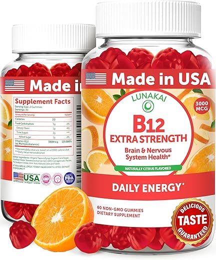 Gomas de Vitamina B12 Extra Forte 3000mcg – Energia Diária Deliciosa e Estímulo ao Metabolismo – Vegan B12 Methylcobalamin 60ct - Lunakai