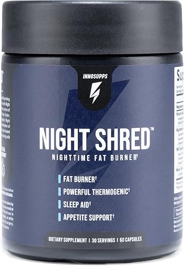 Night Shred | Queimador de Gordura Noturno e Suporte Natural ao Sono | Ashwaganda, 5-HTP, CLA, Melatonina | Supressor de Apetite | Suporte para Perda de Peso (60 Cápsulas Vegetarianas) - InnoSupps